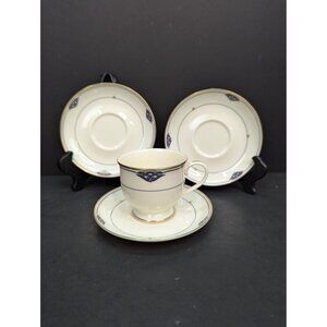 Gorham Fine China Florentine Lapis Footed 24K Gold Banded 1 Cup and 3 Saucers